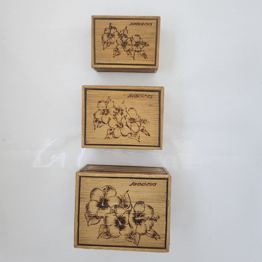 Vintage split wood/rattan set of 3 nesting boxes.